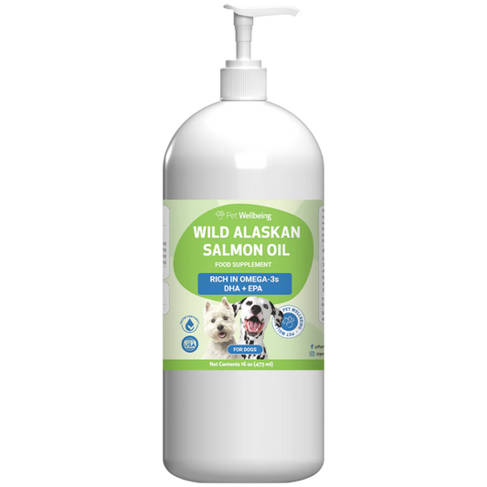 Front of a large white plastic pump bottle of Pet Wellness Wild Alaskan Salmon Oil for dogs