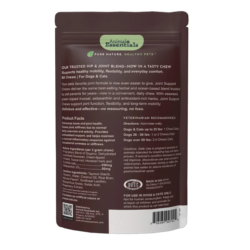 Back view of a pet supplement package with text and branding on a white background