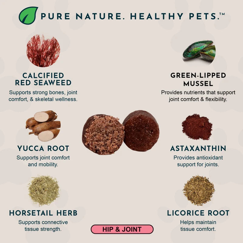 An informational graphic for a pet supplement blend titled 'Pure Nature. Healthy Pets.