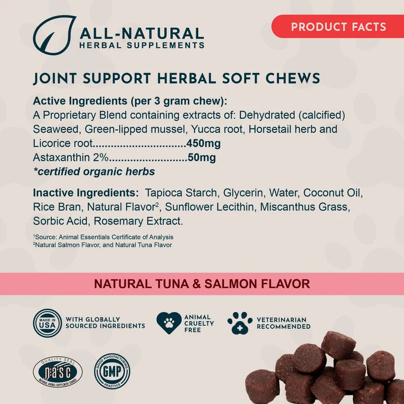 Product label for joint support herbal soft chews with ingredients and branding details.