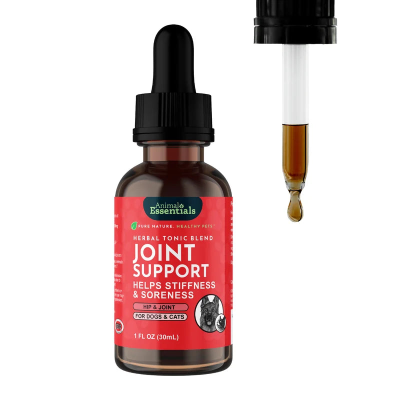 A 1 fl oz amber glass dropper bottle of Animal Essentials Joint Support herbal tonic blend, shown alongside a close-up of the black dropper cap and a drop of the amber liquid