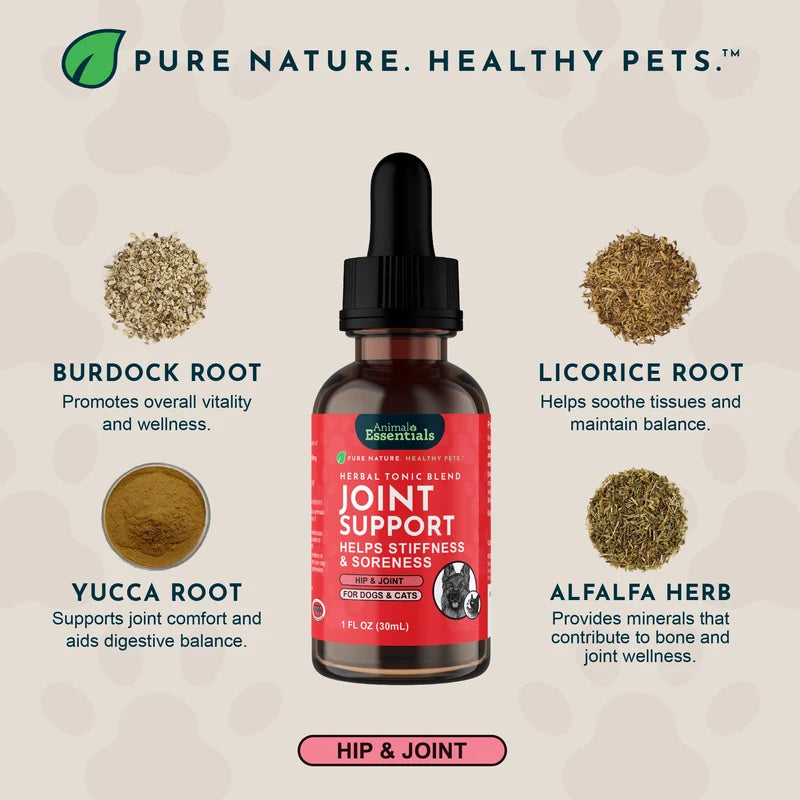 Bottle of Animal Essentials 'Joint Support' supplement with ingredients and benefits 