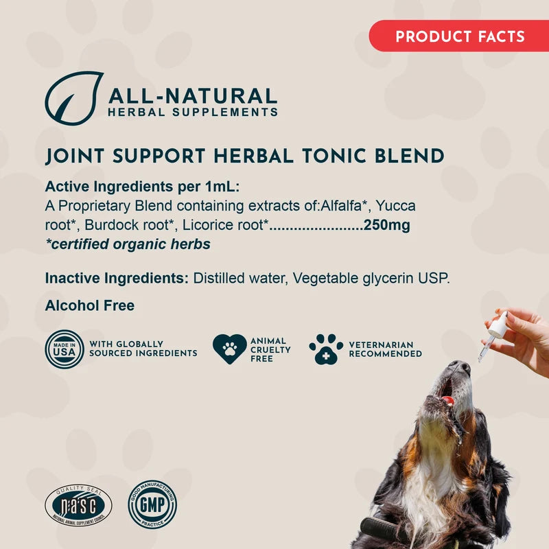 All-natural joint support herbal tonic blend for pets with product facts and certification logos