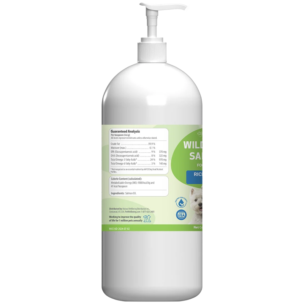 Rear right of a large white plastic pump bottle of pet Wellness Alaskan Salmon Oil, showing the label with nutritional information and ingredients