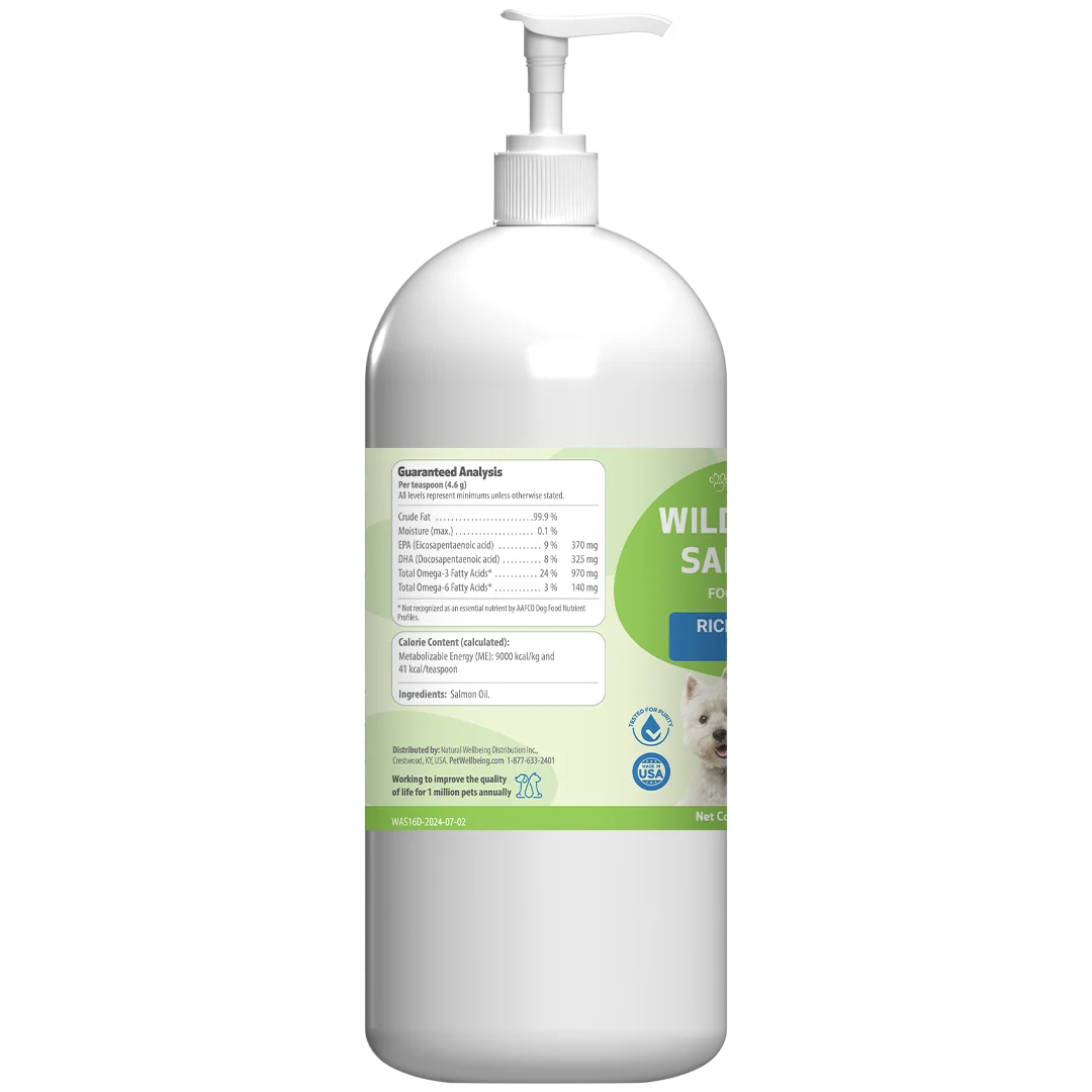 Rear right of a large white plastic pump bottle of pet Wellness Alaskan Salmon Oil, showing the label with nutritional information and ingredients