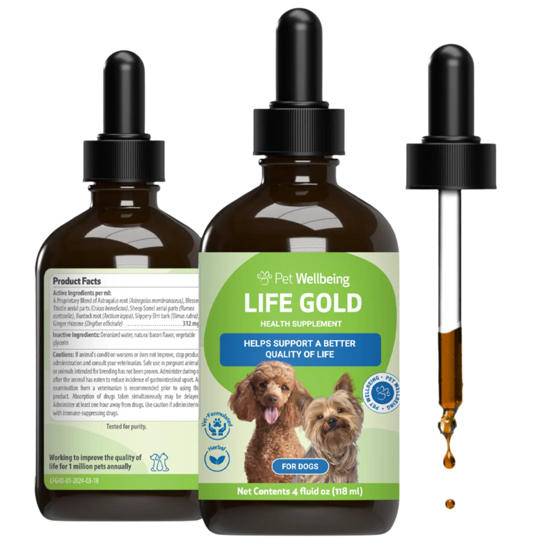 Pet Wellbeing Life Gold health supplement for dogs bottle with dropper