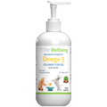 A white pump bottle of Pet Wellbeing Omega-3 Icelandic Fish Oil, featuring a label with illustrations of a cat and a dog.
