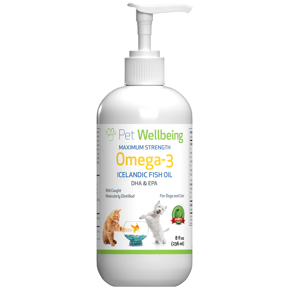 A white pump bottle of Pet Wellbeing Omega-3 Icelandic Fish Oil, featuring a label with illustrations of a cat and a dog.