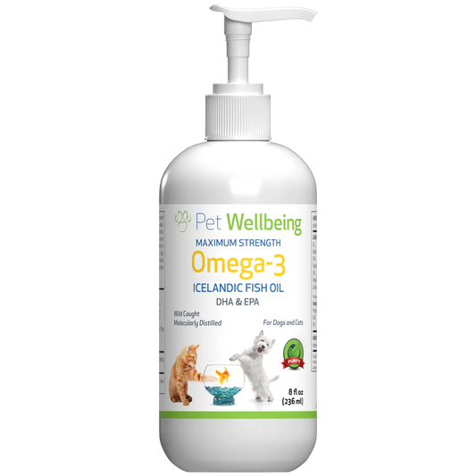 A white pump bottle of Pet Wellbeing Omega-3 Icelandic Fish Oil, featuring a label with illustrations of a cat and a dog.