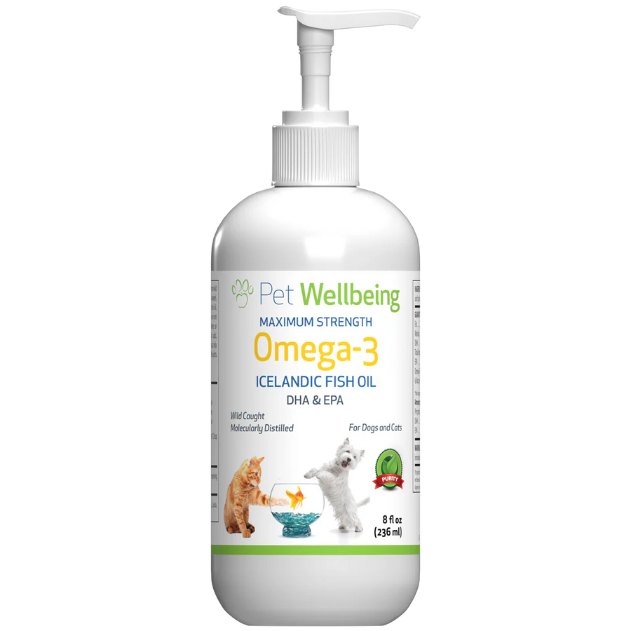 A white pump bottle of Pet Wellbeing Omega-3 Icelandic Fish Oil, featuring a label with illustrations of a cat and a dog.