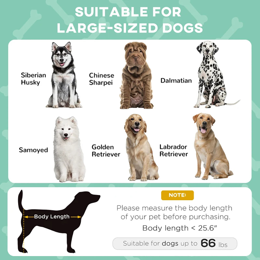 Chart showing suitable dog breeds for a raised dog bed, with images of Siberian Husky, Chinese Shar Pei, Dalmatian, Samoyed, Golden Retriever, and Labrador Retriever. A note on body length measurement is also included.