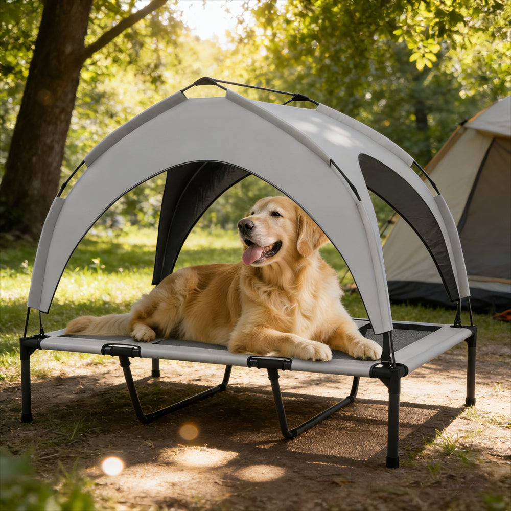 Raised pet bed with canopy - grey