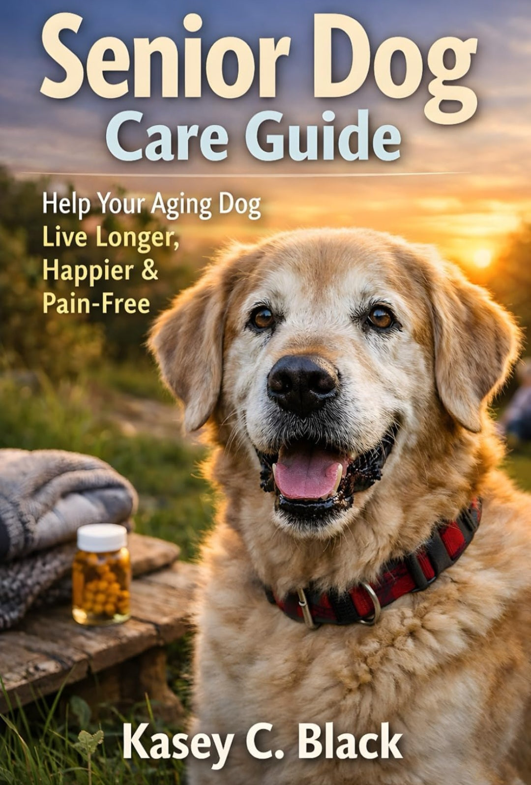 Book cover for 'Senior Dog Care Guide' by Kasey C. Black, featuring a golden retriever dog outdoors at sunset with the title text at the top and the author name at the bottom