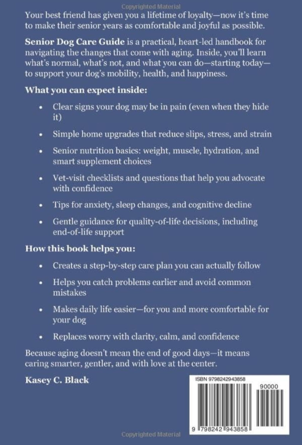 Back cover for 'Senior Dog Care Guide' by Kasey C. Black 