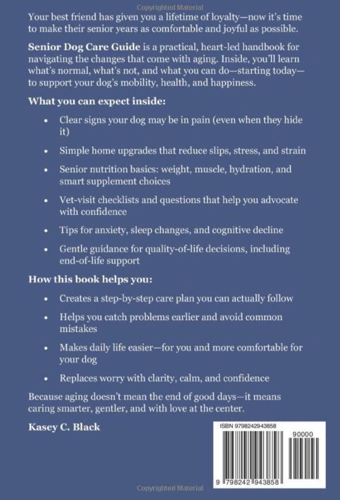 Back cover for 'Senior Dog Care Guide' by Kasey C. Black 