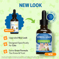 Comparison of a cat health supplement bottle with 'Previous' and 'New' labels