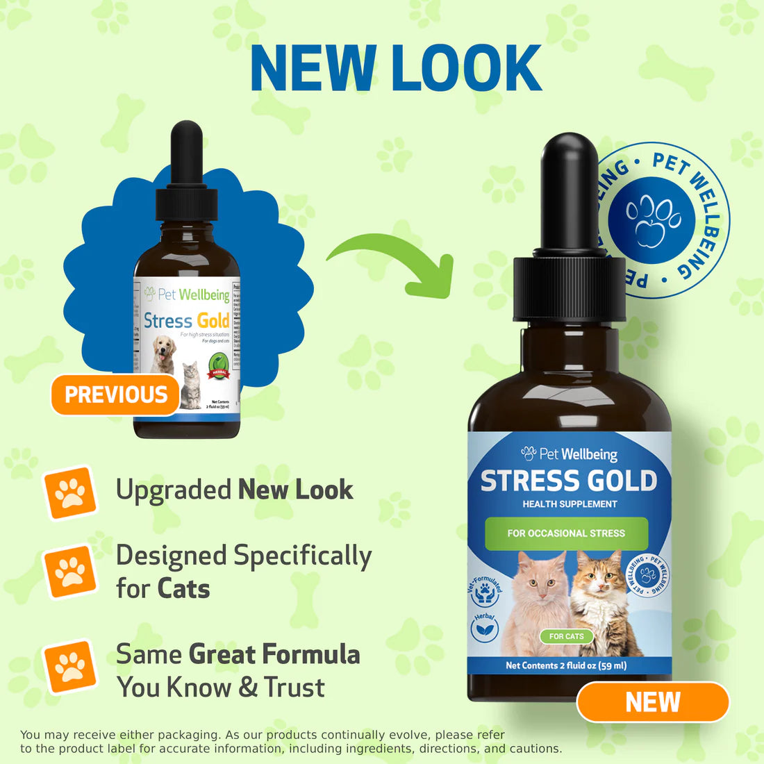 Comparison of a cat health supplement bottle with 'Previous' and 'New' labels