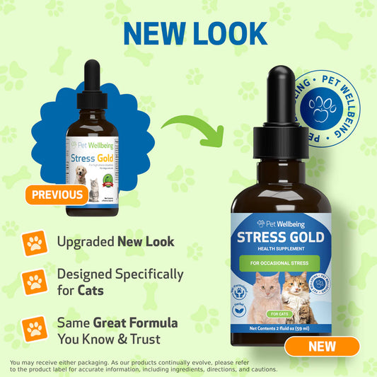 Comparison of a cat health supplement bottle with 'Previous' and 'New' labels