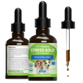 Three views of a Pet Wellbeing Stress Gold health supplement bottle for dogs, including the front label view, the back product facts view, and a separate dropper showing the liquid.