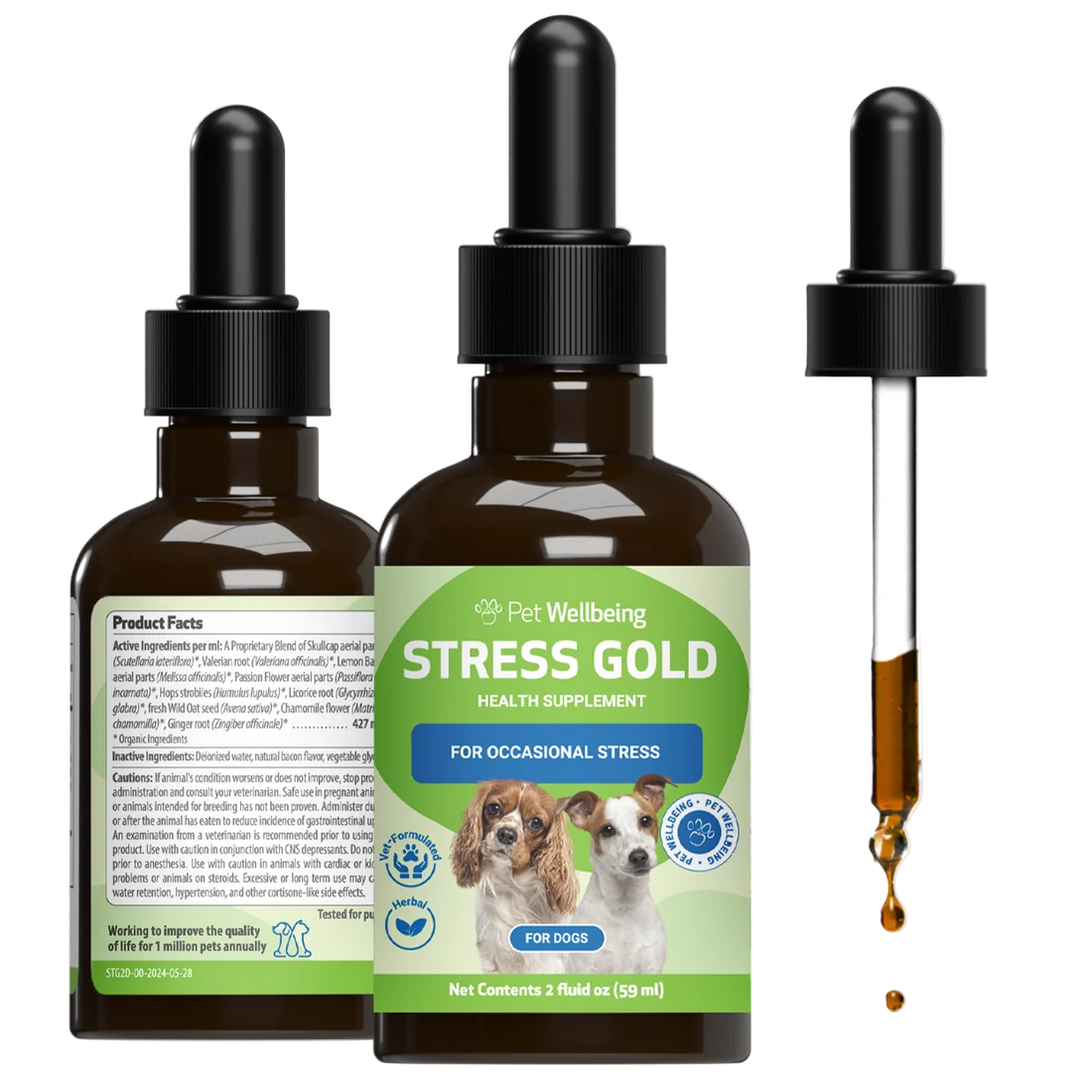 Three views of a Pet Wellbeing Stress Gold health supplement bottle for dogs, including the front label view, the back product facts view, and a separate dropper showing the liquid.