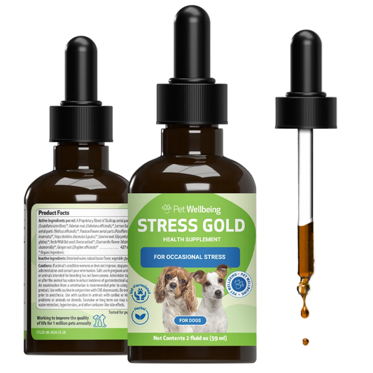 Three views of a Pet Wellbeing Stress Gold health supplement bottle for dogs, including the front label view, the back product facts view, and a separate dropper showing the liquid.