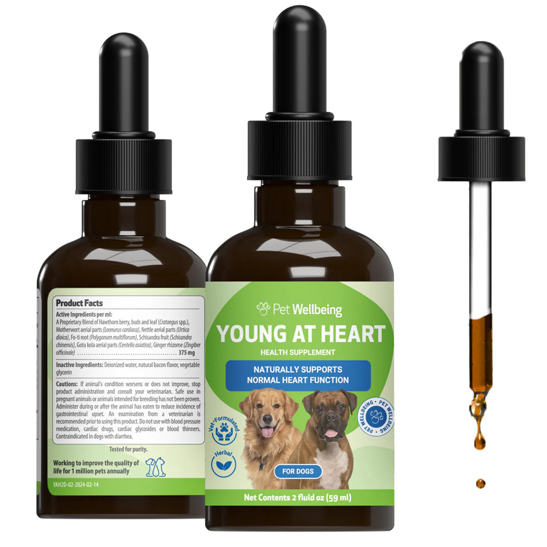 Two bottles of Pet Wellbeing 'Young at Heart' health supplement for dogs with droppers
