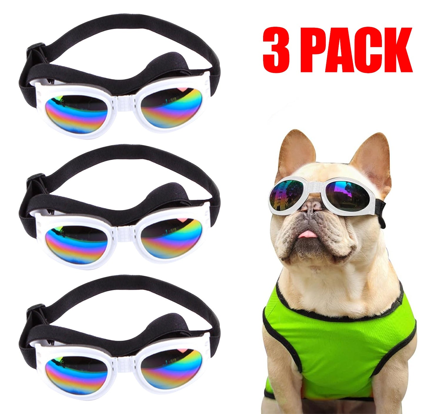 Three pairs of dog sunglasses with rainbow reflection and a dog wearing a green shirt and sunglasses
