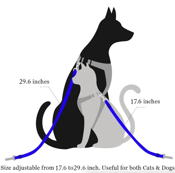 Diagram showing measurements for pet seat belt for cats and dogs, adjusts frpm 17.6 inches to 29.6 inches