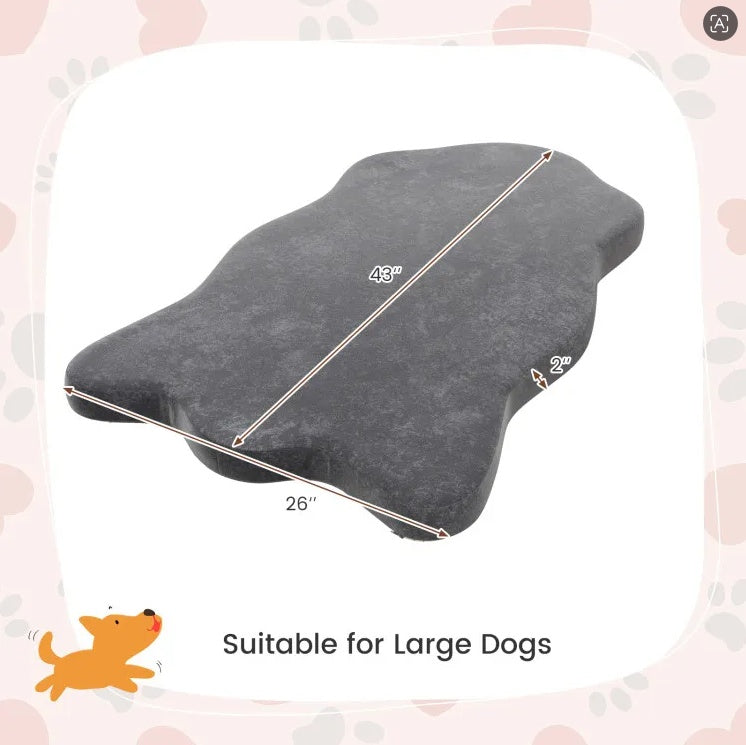 A dark gray dog bed shown on a white rounded background with pink paw-print border graphics. Silver measurement lines and text indicate dimensions of 38 inches by 26 inches, with the text 'Suitable for Large Dogs' below.