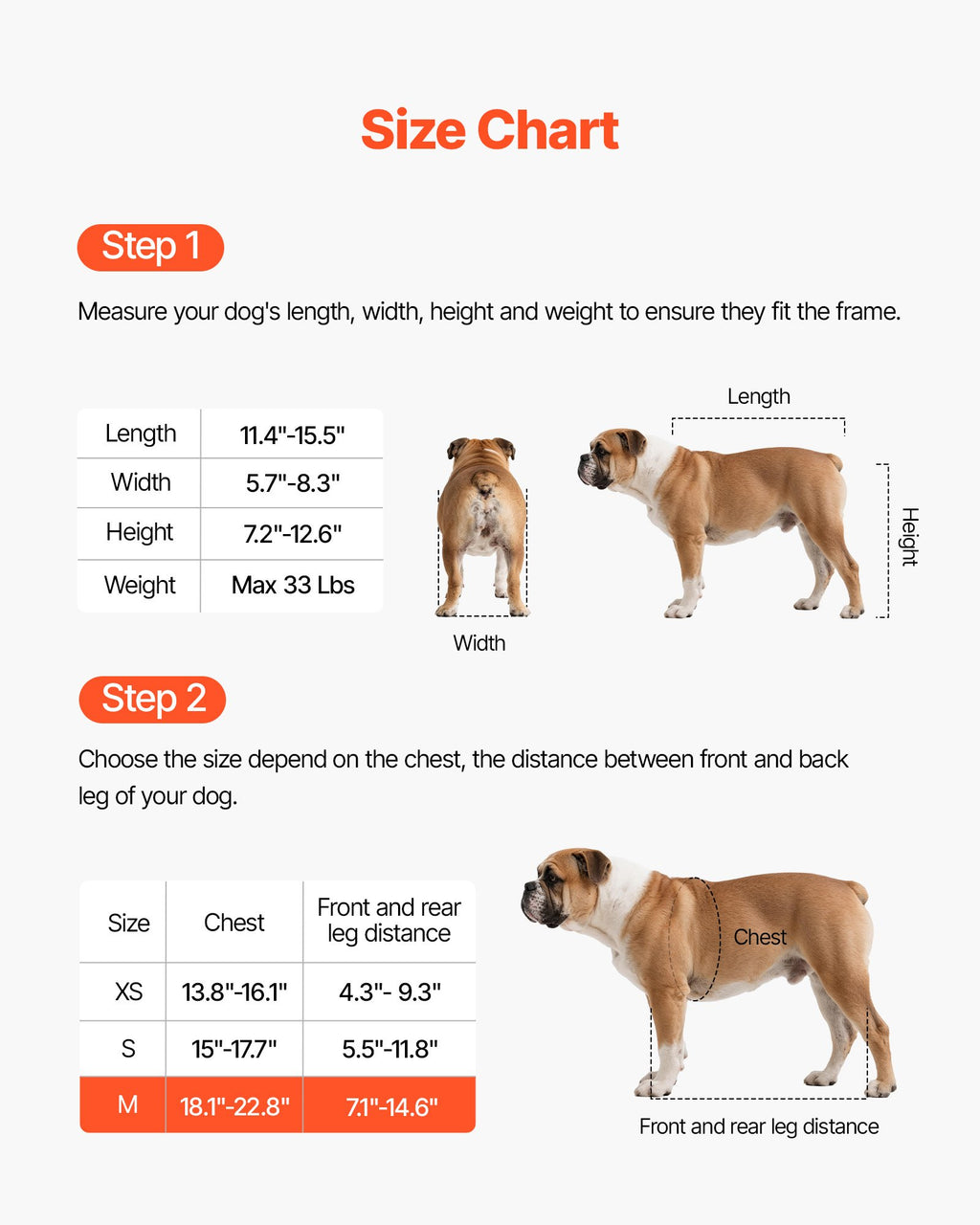 Dog size chart for wheelchair with measurements and illustrations for different dog sizes.