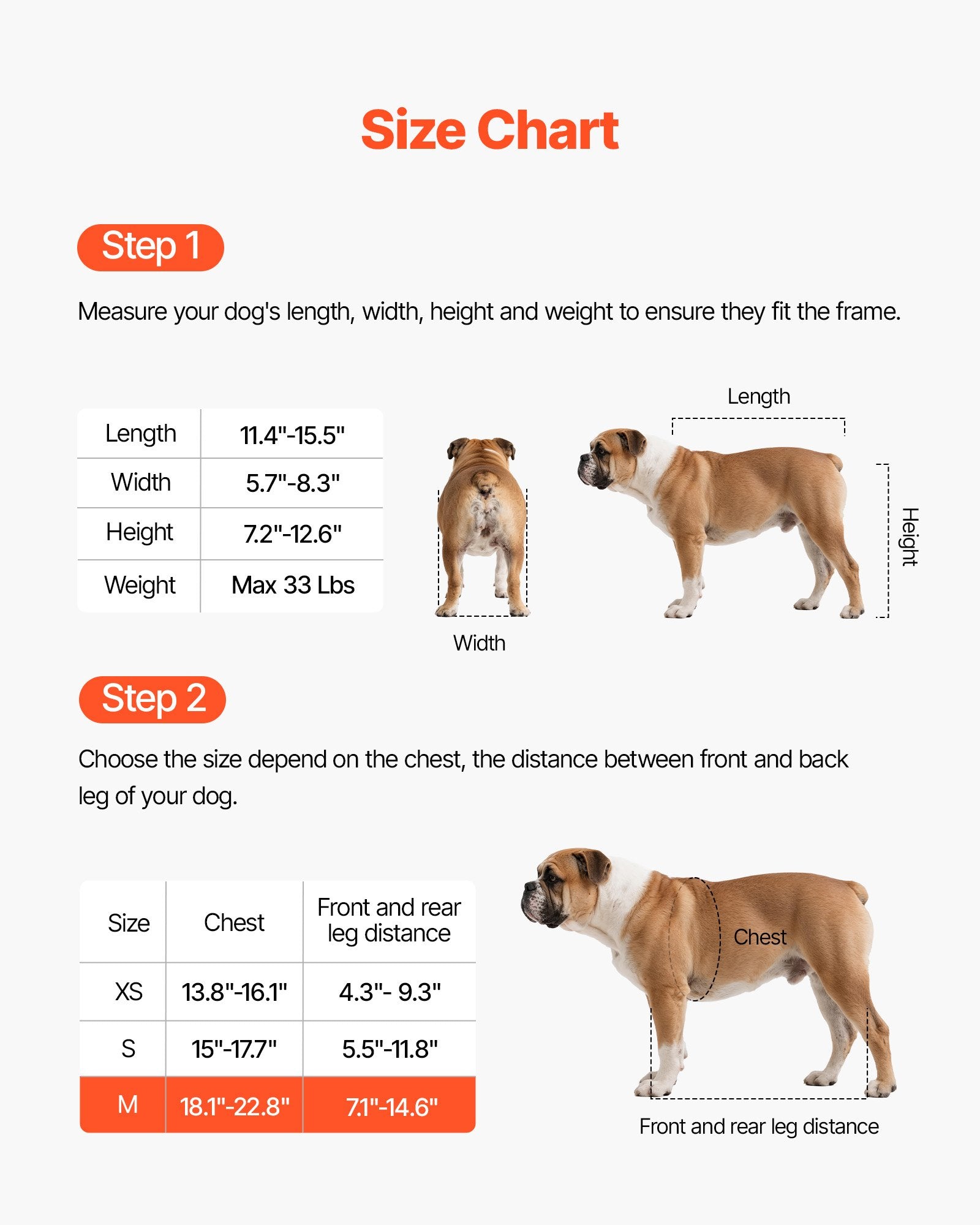 Dog size chart for wheelchair with measurements and illustrations for different dog sizes.