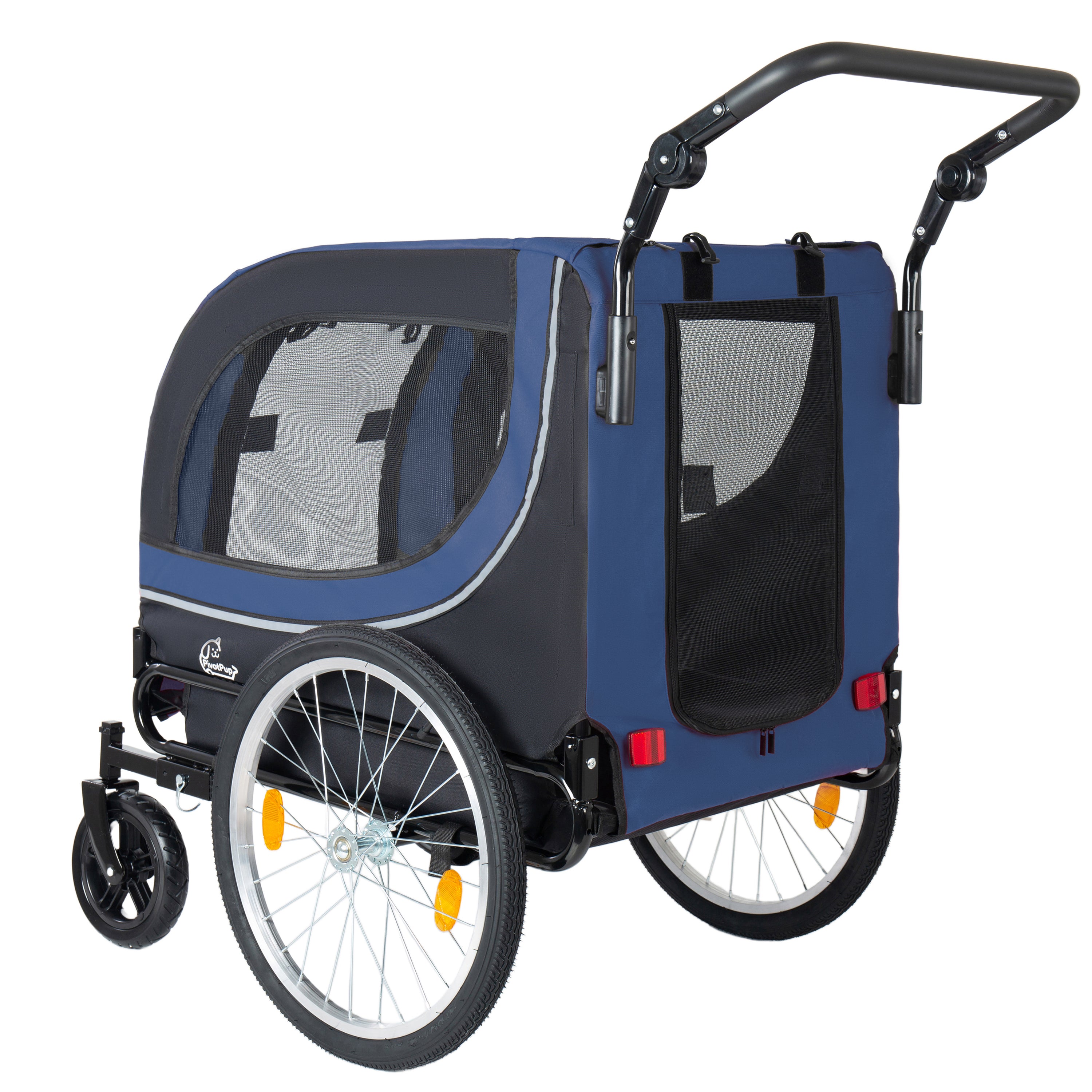 Blue and black pet stroller with front wheels attached from back and left