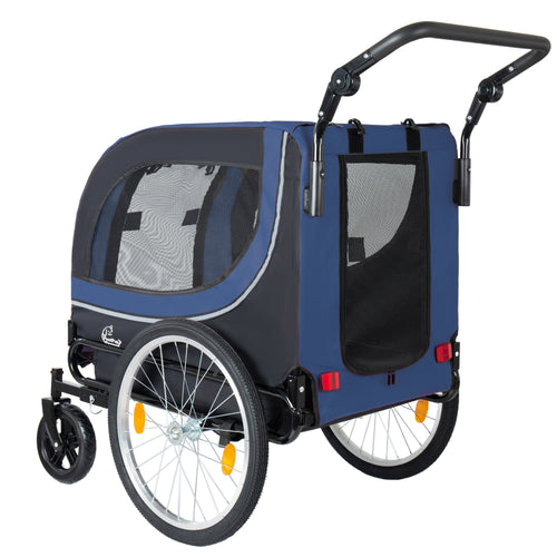Blue and black pet stroller with front wheels attached from back and left