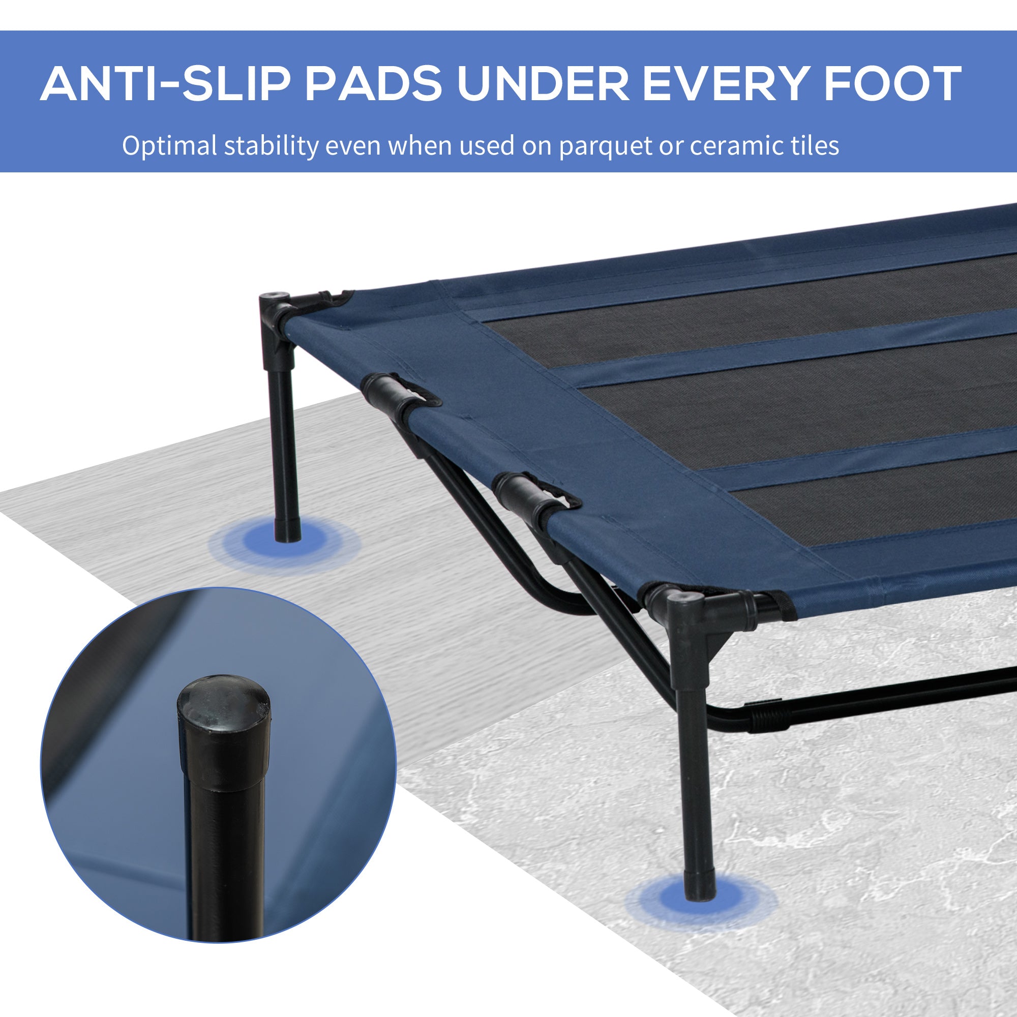 Blue pet cot with anti-slip pads on a textured surface, emphasizing stability.