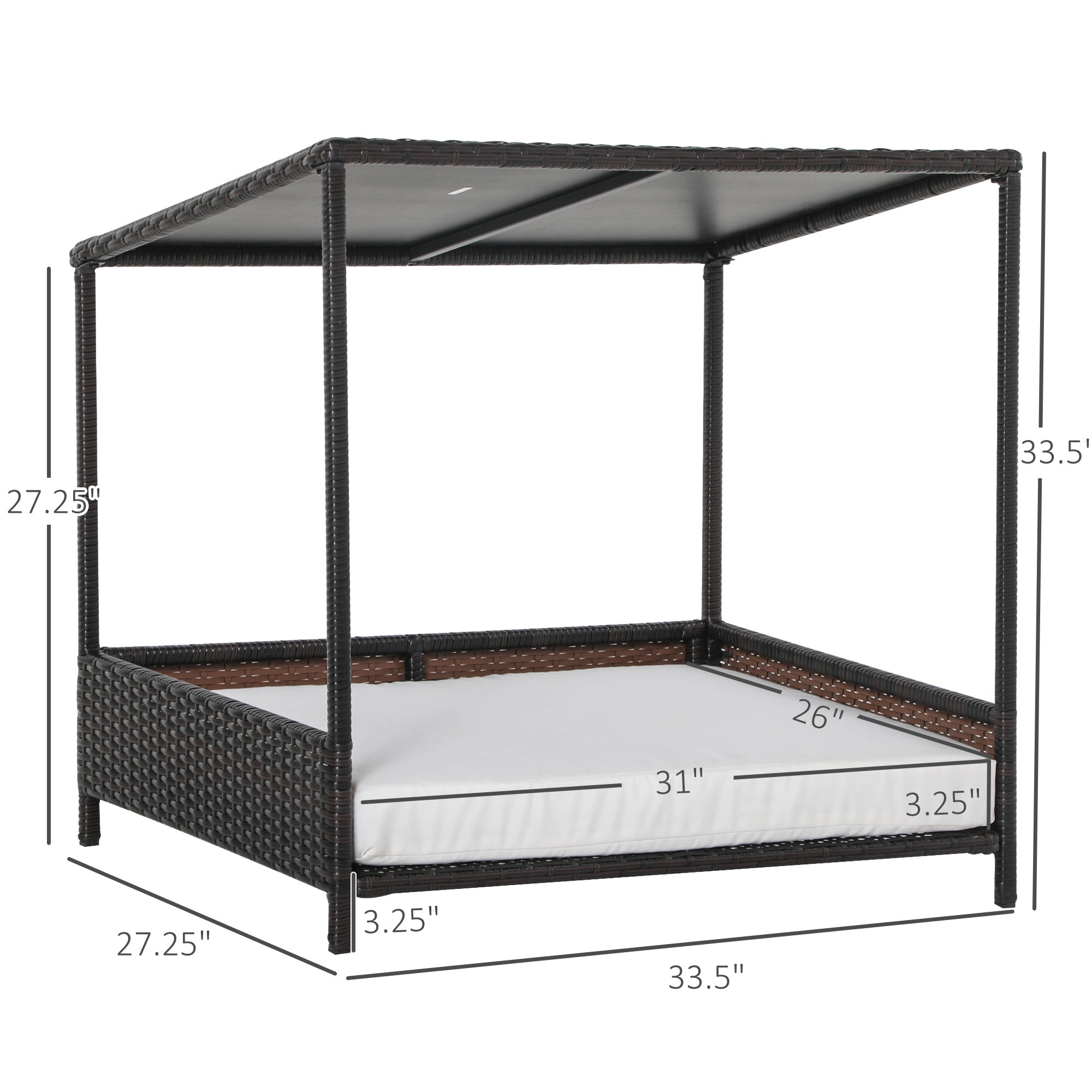 Rattan raised pet bed with canopy with dimensions