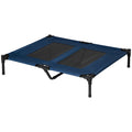Blue raised pet cot with black mesh