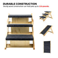 Wooden 3-step pet stairs with black pads, showing durability text 