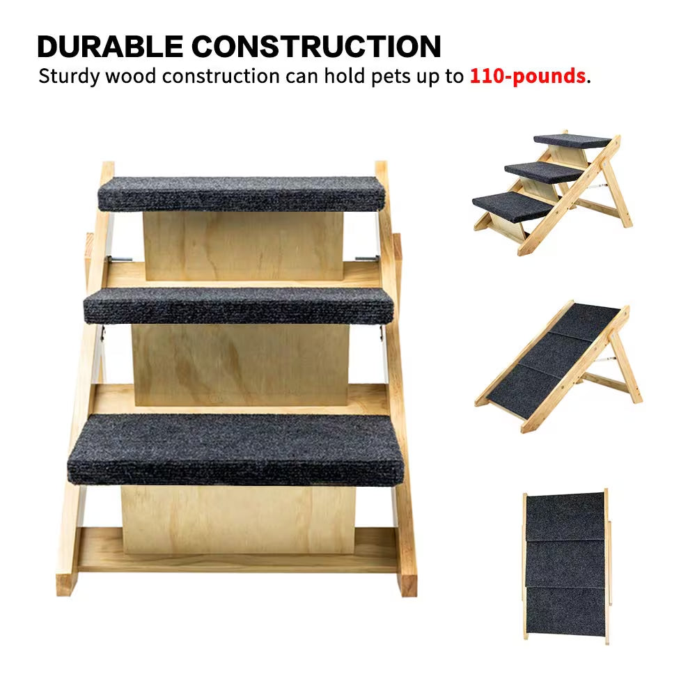 Wooden 3-step pet stairs with black pads, showing durability text 