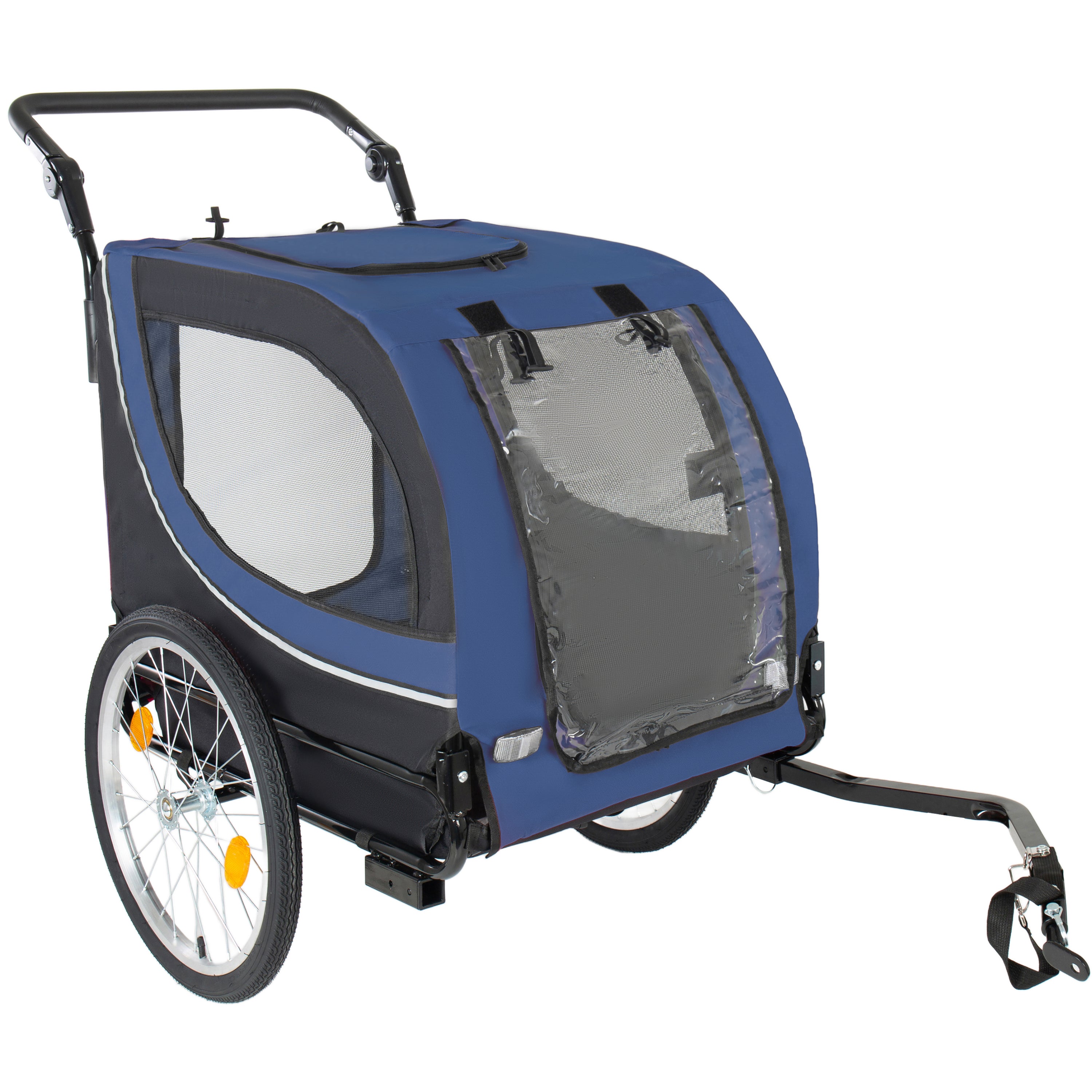 Blue and black pet bike trailer right and front