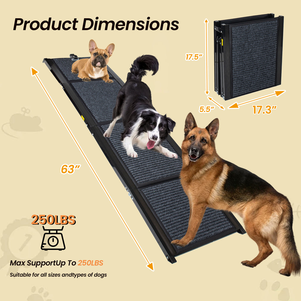 Dog ramp with 3 dogs on the ramp and showing dimensions and capacity details