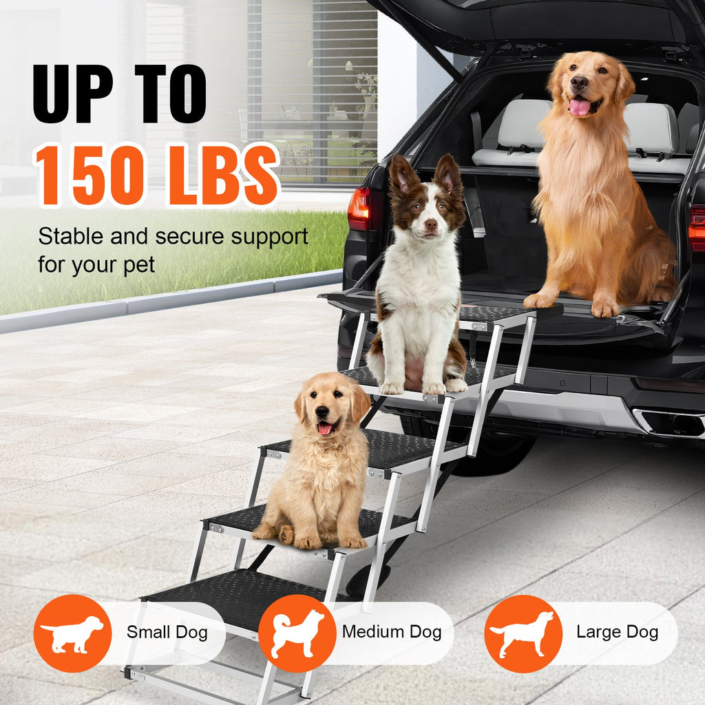 Pet stair with dogs on it, indicating support capacity and size range.