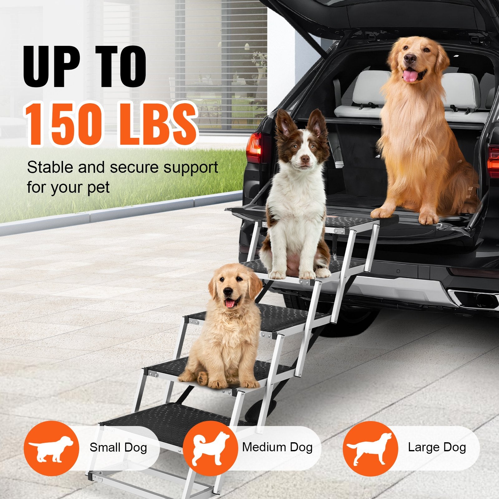 Pet stair with dogs on it, indicating support capacity and size range.