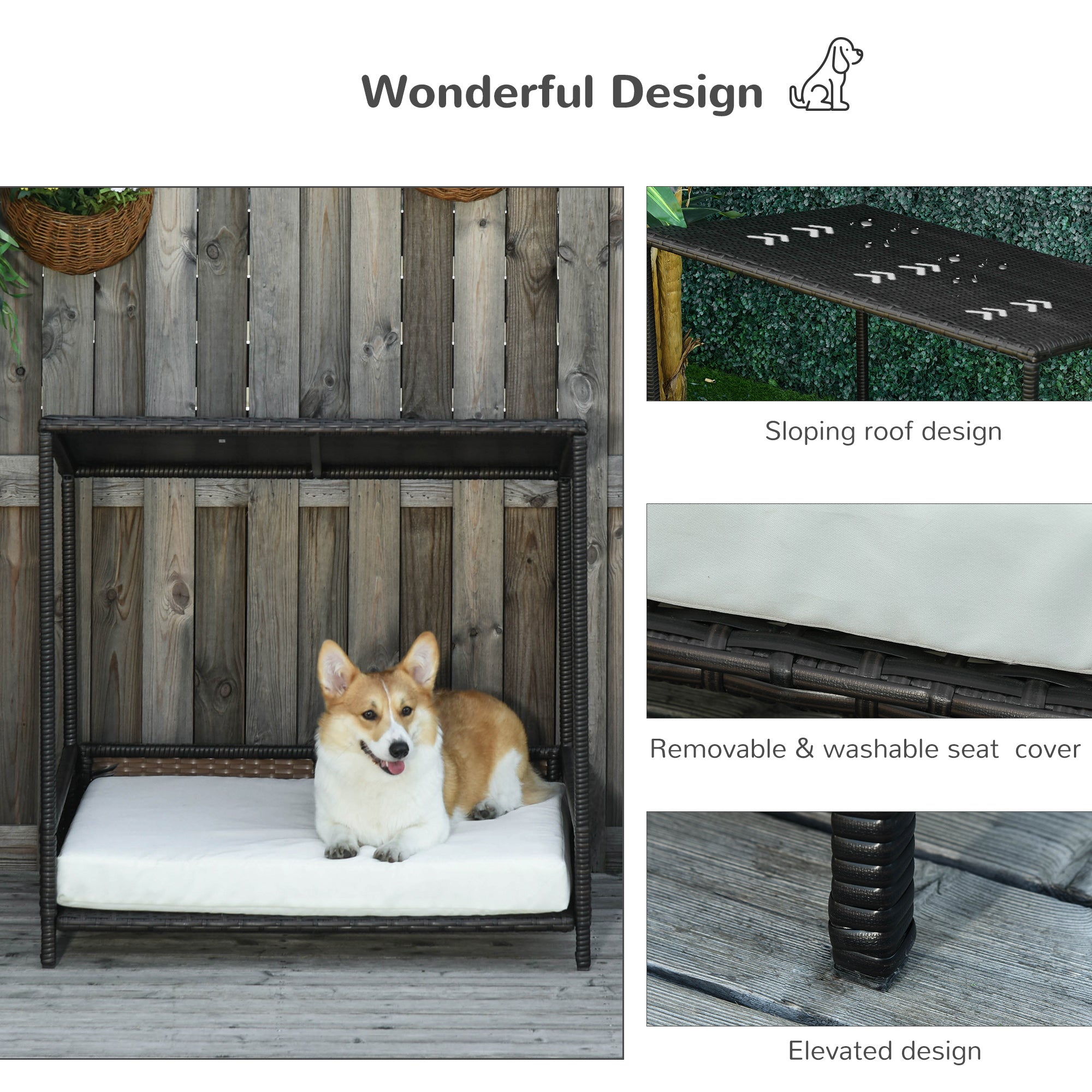 Dog bed with sloping roof, removable cover, and elevated design on a wooden deck.