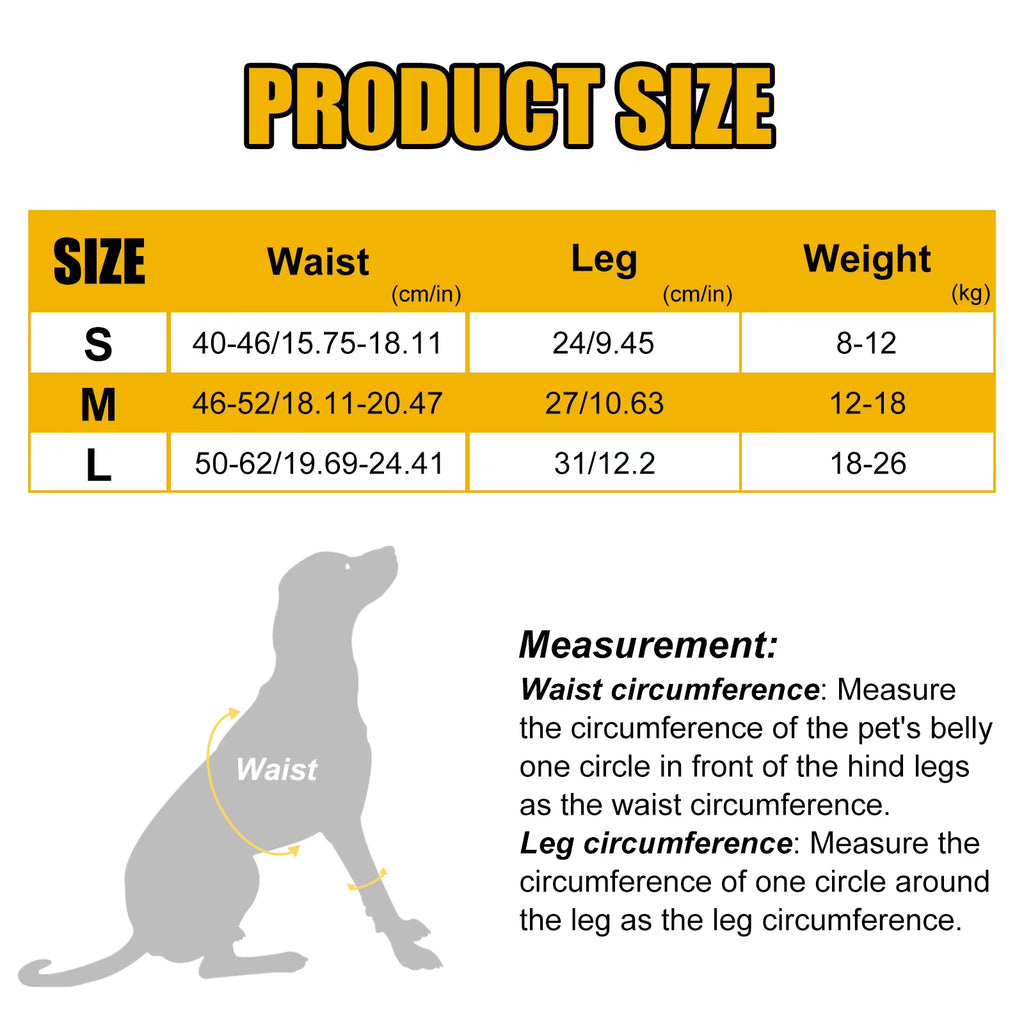 Product size chart table with size S, M, and L columns showing waist, leg, and weight measurements in cm and kg, plus a silhouette diagram of a dog indicating waist and leg measurement areas.