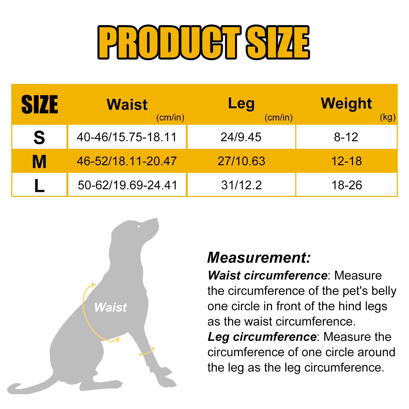 Product size chart table with size S, M, and L columns showing waist, leg, and weight measurements in cm and kg, plus a silhouette diagram of a dog indicating waist and leg measurement areas.