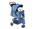 Blue pet stroller with a small white dog inside