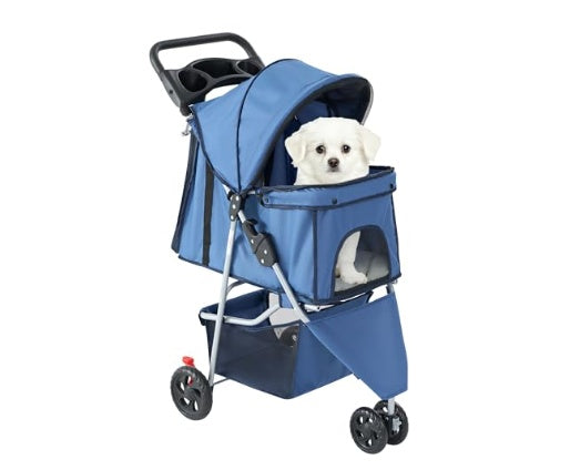 Blue pet stroller with a small white dog inside