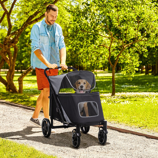 Man pushing a pet stroller with a dog in a park