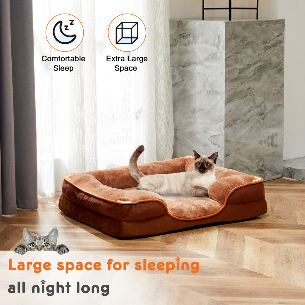 Cat lying on a large brown pet bed with text highlighting comfort and space,