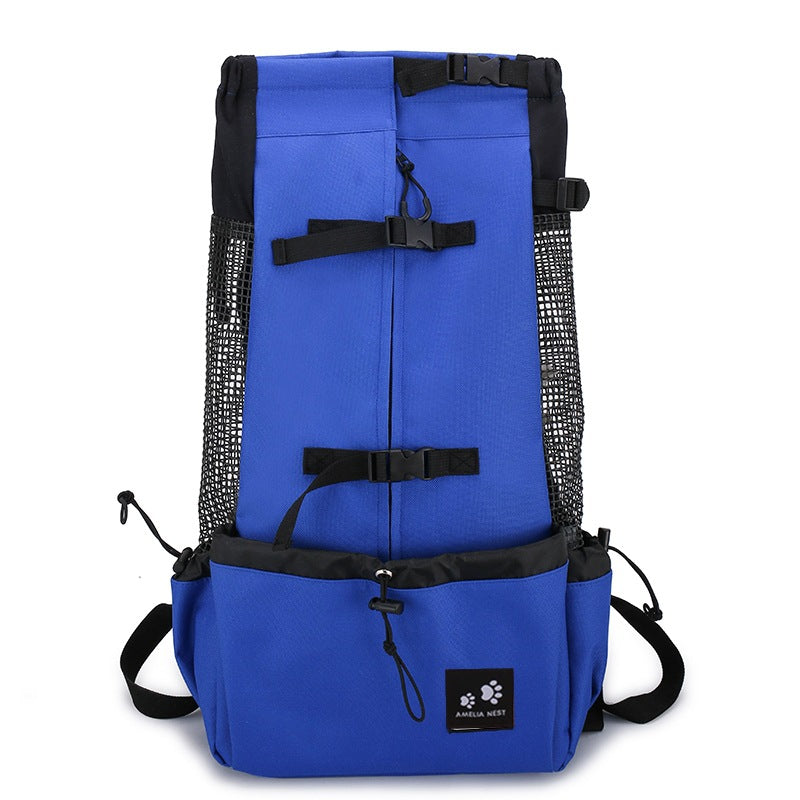 A royal blue and black hiking backpack with multiple compression straps, side mesh pockets, and a front utility pocket